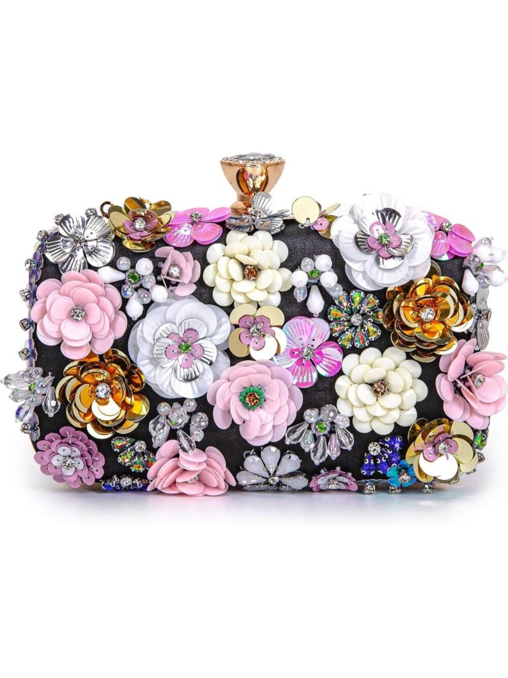 Women's Black Floral Beaded Chain Strap Party Prom Clutch Purse Evening Bag